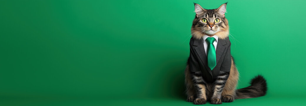 Cat dressed in a business suit on a green background