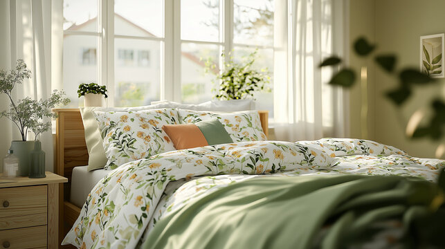 Bright spring home d&eacute;cor featuring floral bedding and a cozy bedroom with natural light streaming through windows copy space