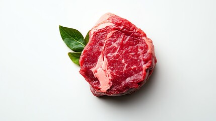 Obraz premium Fresh, marbled steak with green leaves on a white background, perfect for cooking.