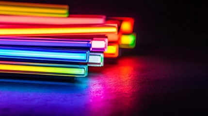 Fototapeta premium Vibrant Rainbow Neon Tubes Stacked Against Dark Background