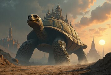 A gargantuan tortoise, its shell as large as a mountain range, trudges slowly across an endless, desolate landscape (carrying a city)