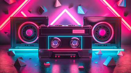 A retro-inspired design with cassette tapes, bold neon typography, and geometric patterns