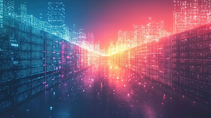 Obraz premium Futuristic Digital Cityscape with Neon Lights and Abstract Data Visualizations at Night