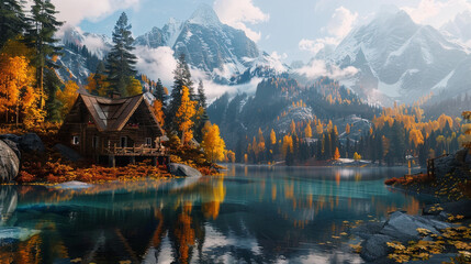 Fototapeta premium A serene mountain cabin surrounded by autumn foliage and a crystal-clear lake