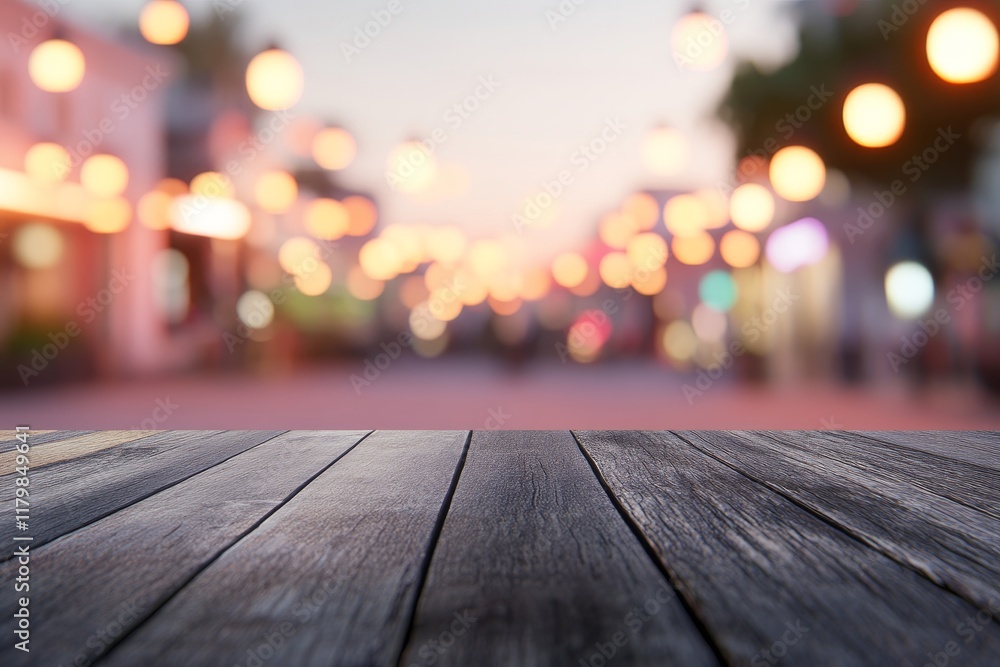 Aufkleber wooden table surface with blurred background of street lights creating a warm and inviting atmospher