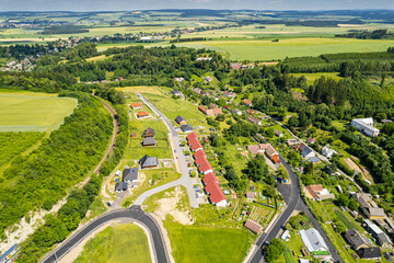 Aerial view of ex Sudeten village Vendoli on historical border Moravia and Czechia in June 2022