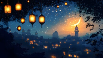 Amazing glowing Ramadan lanterns, peaceful night atmosphere with beautiful village views
