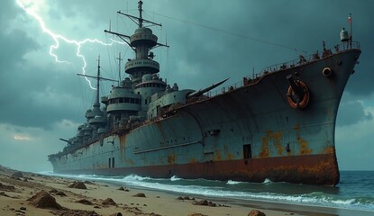  A colossal, ruined battleship stranded on a desolate coastline