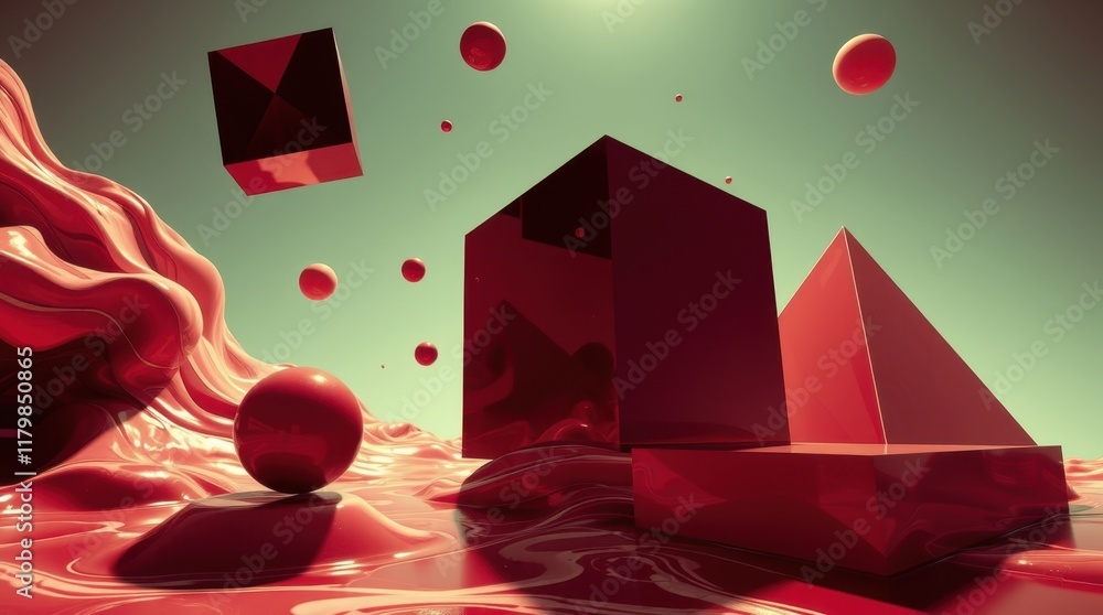 Poster creating a vivid exploration of red geometric forms on fluid surfaces under soft lighting in an abst