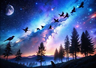 Majestic Night Birds in Flight, Silhouetted Against Starry Sky, Nature Photography