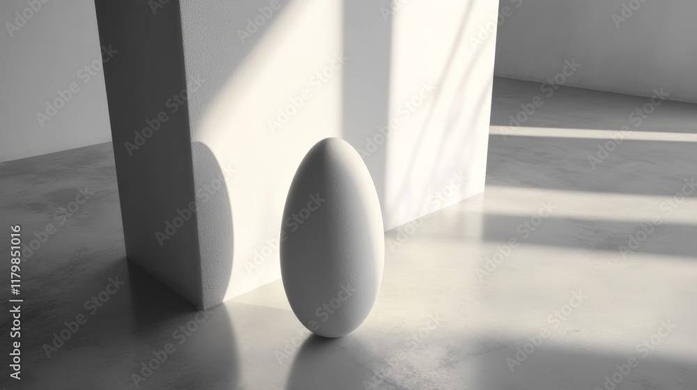 Aufkleber minimalist composition featuring an all-white egg resting against a plain wall with soft shadows and