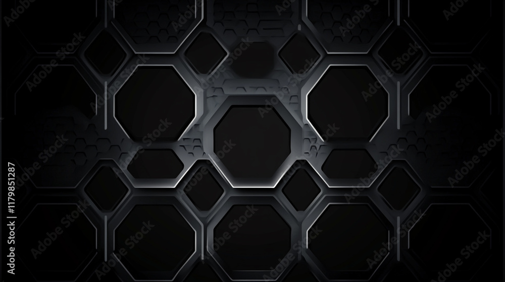 Poster black metal texture background, dark black background pattern texture with hexagon pattern.