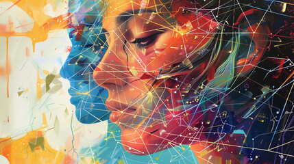 An artistic blend of human portraits and abstract lines symbolizing connection and technology