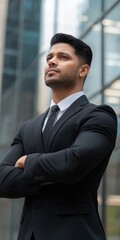 Fototapeta premium A man in a suit and tie stands in front of a building with his arms crossed. He is confident and focused