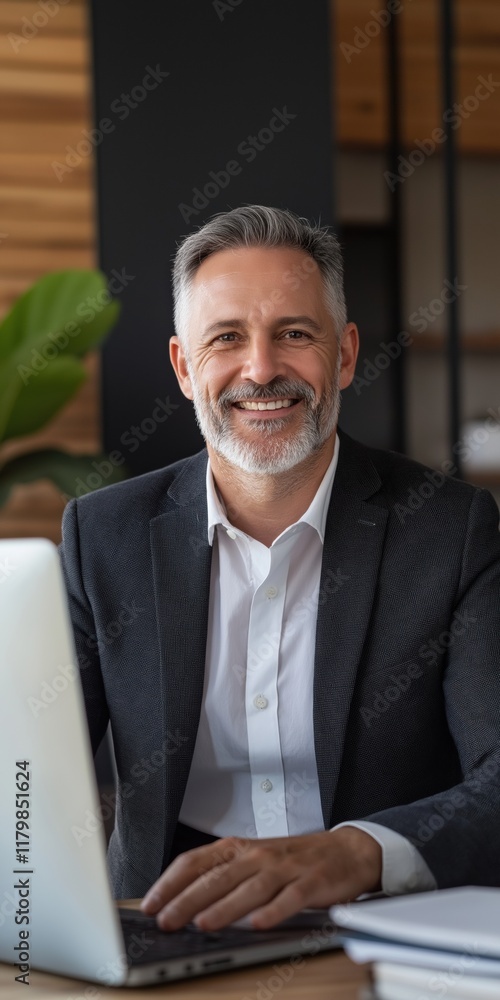 Aufkleber a man in a suit is sitting at a desk with a laptop in front of him. he is smiling and he is happy