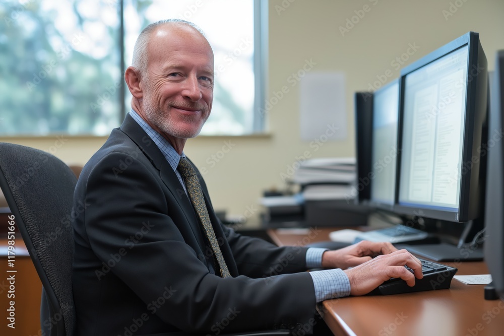 Poster a man in a suit is sitting at a desk with two computer monitors in front of him. he is smiling and h