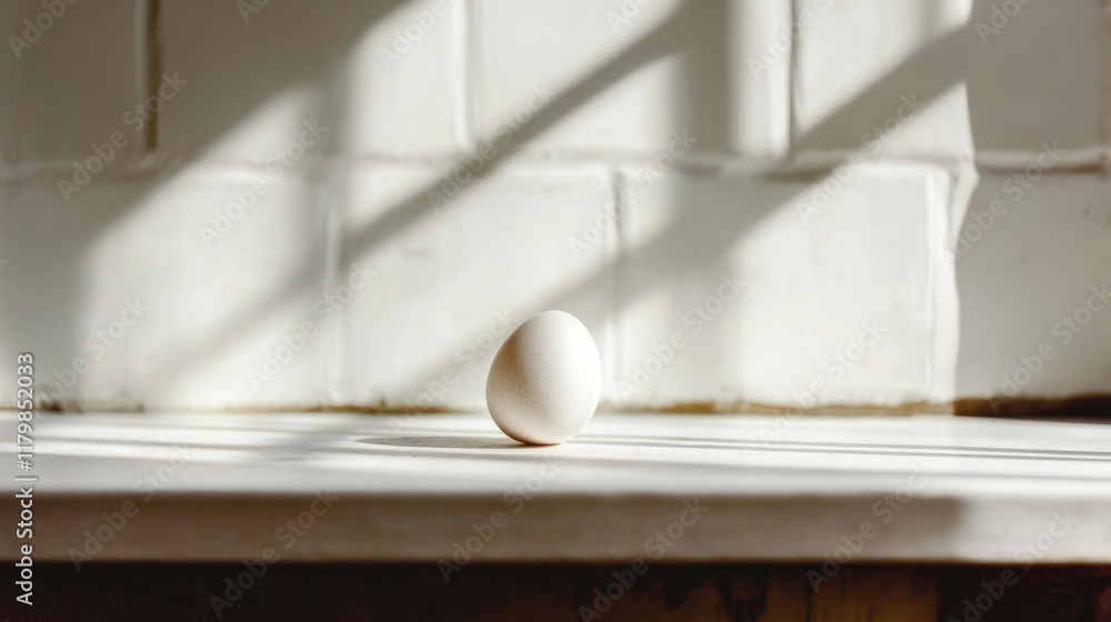 Poster minimalist composition featuring a plain white egg on a white surface accompanied by soft shadows in