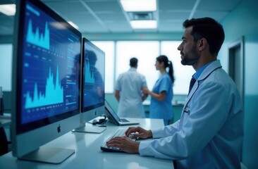 Fototapeta premium AI software in a healthcare environment assisting doctors, hospital setting, midday with clear visibility, bright and sterile lighting creating professionalism, medical staff in the background