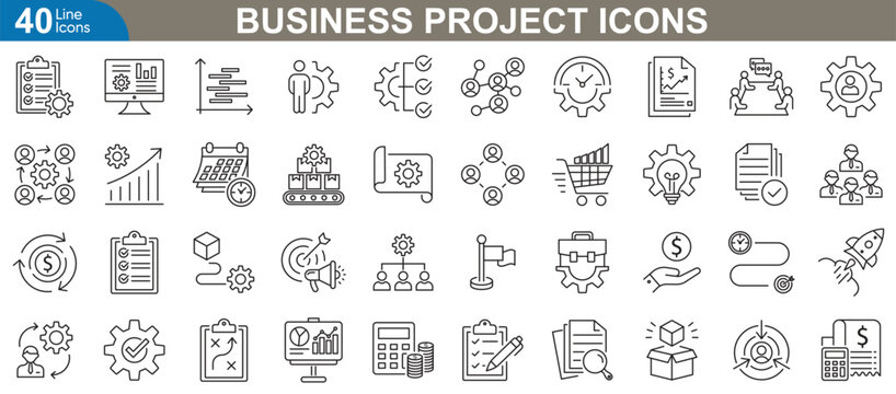 Comprehensive business project line Icons set. Related planning, team collaboration, financial growth, management and more. Vector Illustration for modern design needs.