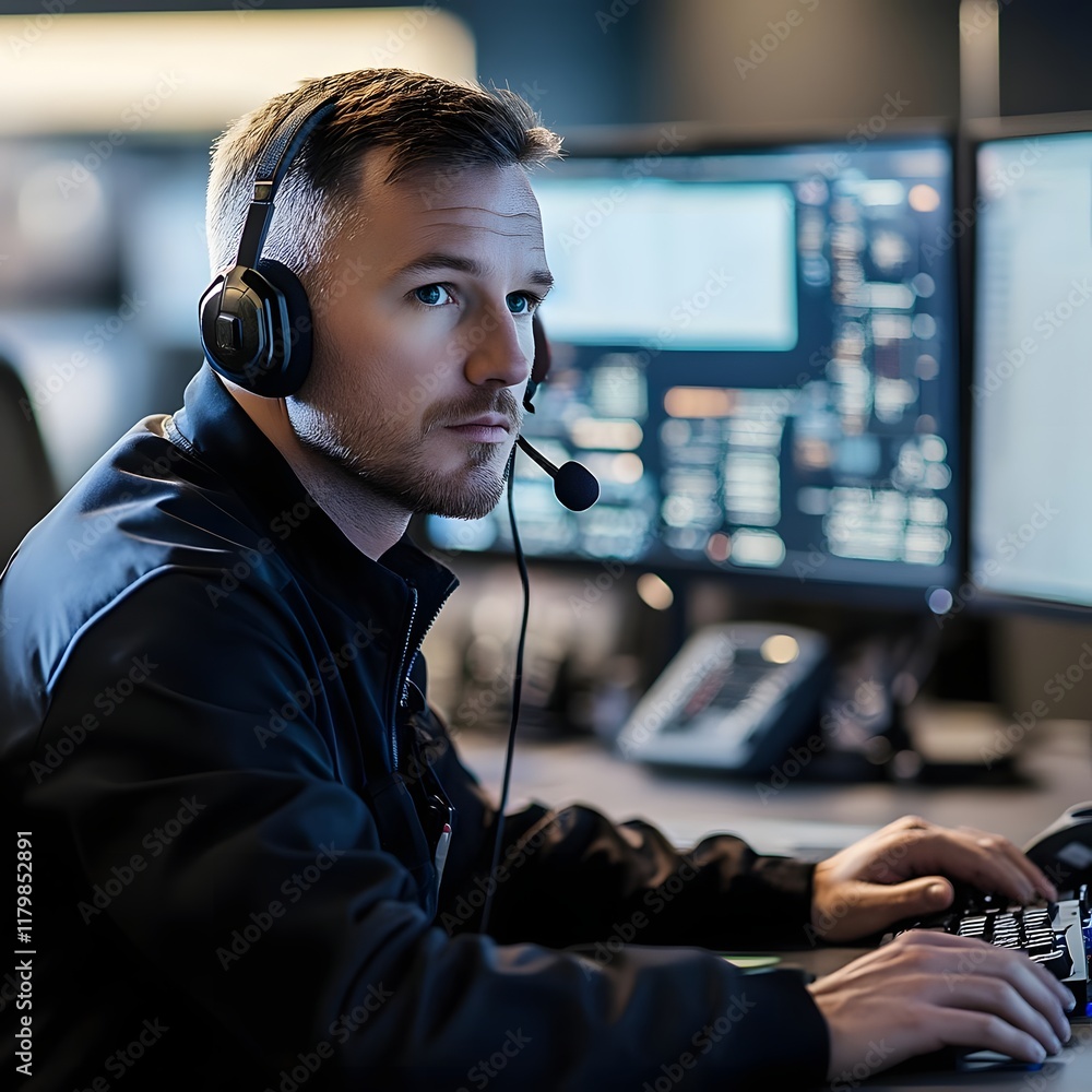 Poster a focused individual wearing a headset works at a computer in a control room setting.