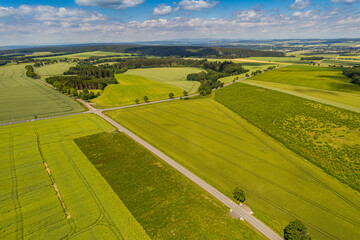 Aerial view of crossroad by ex Sudeten village Vendoli on historical border Moravia and Czechia in...