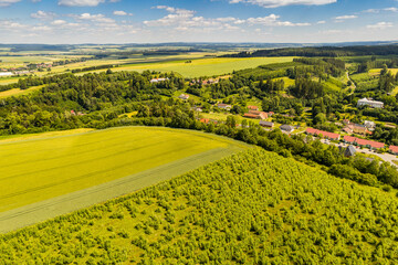 Aerial view of ex Sudeten village Vendoli on historical border Moravia and Czechia in June 2022