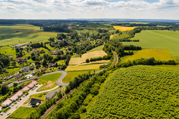 Aerial view of ex Sudeten village Vendoli on historical border Moravia and Czechia in June 2022