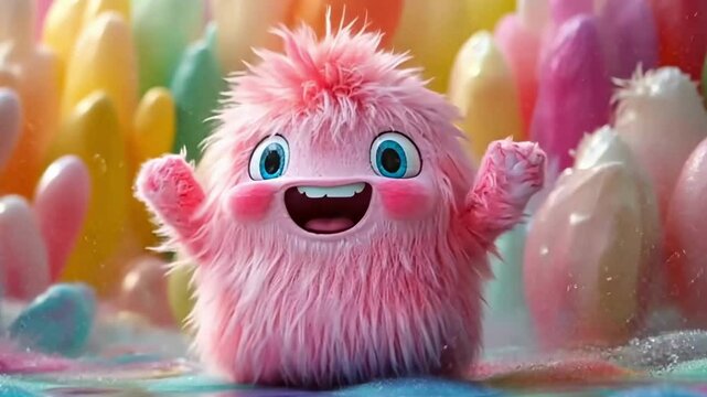 Colorful animated character dances joyfully in a vibrant fantastical landscape with whimsical shapes and bright colors