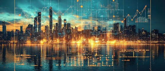 Stunning Cityscape at Dusk with Skyline Reflections and Digital Graphs Representing Economic Growth and Innovation