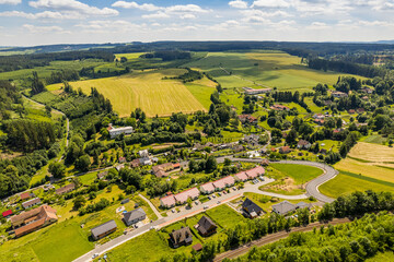 Aerial view of ex Sudeten village Vendoli on historical border Moravia and Czechia in June 2022