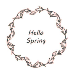 Floral symbol frame. Spring, summer wreath border. One black line. Cute doodle hand drawn sketch cartoon style illustration. Branch leaves flower drawing. White background. Vector for web design card