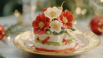 Fototapeta premium Lunar new year celebration festive table carved vegetable flowers vibrant atmosphere close-up view culinary artistry