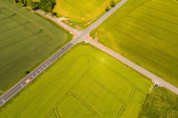 Aerial view of crossroad by ex Sudeten village Vendoli on historical border Moravia and Czechia in...