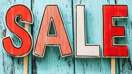 Rustic Wooden SALE Sign Letters on Weathered Teal Background Retail Discount Promotion
