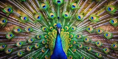 Obraz premium Majestic Peacock Wings Open, Detailed Feather Texture, Bird, Wildlife, Nature