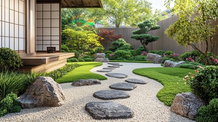 Obraz premium Zen-inspired minimalist garden design in tranquil outdoor space serene landscape peaceful viewpoint
