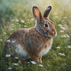 Fototapeta premium A watercolor painting of a beautiful rabbit in a dreamy meadow.