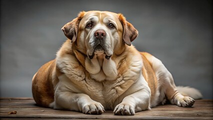 Obraz premium A large overweight dog resting on a wooden floor with a neutral background. The dog's weight highlights obesity issues and the importance of balanced nutrition and exercise.