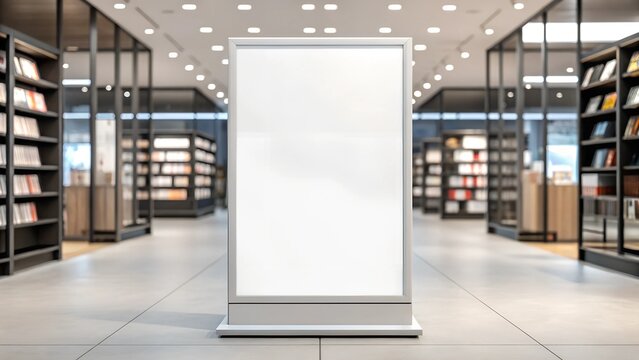 Blank A2 poster mockup in a modern bookstore, surrounded by shelves filled with books. The perfect template for branding, advertising, or promotional designs.