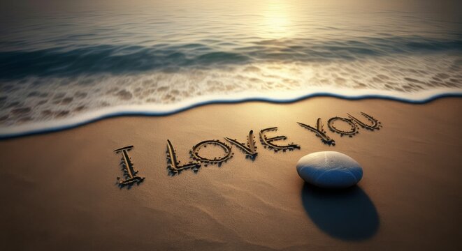 I love you valentine message words written in tropical beach sand, beautiful smooth rocks, tropics card