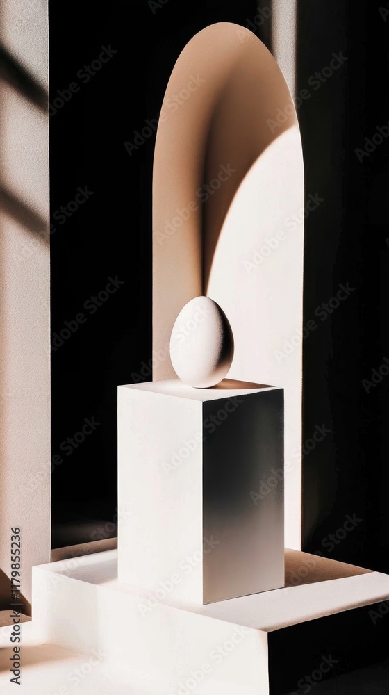 Poster minimalist composition featuring an egg on a pedestal against a backdrop of soft shadows and curved 