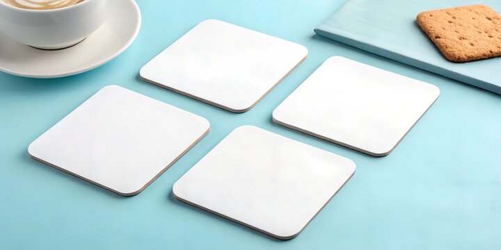 Mockup of four blank white square coasters on a pastel blue background with a coffee cup and a cookie. Perfect for showcasing designs, logos, or branding concepts.