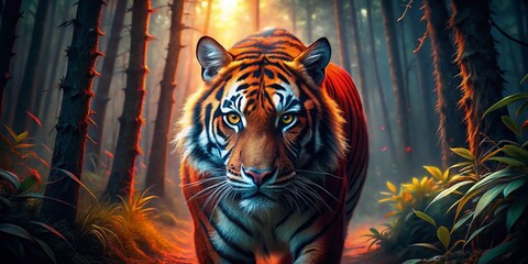Obraz premium Majestic Red & Black Tiger Prowling in the Night - Wildlife Stock Photo