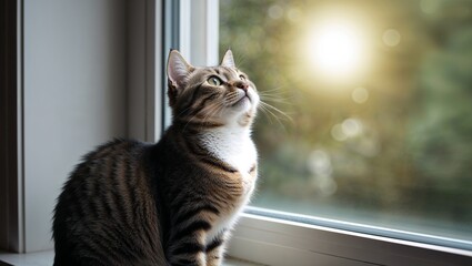 Charming Cat Sitting by Window Gazing Upwards Exploring