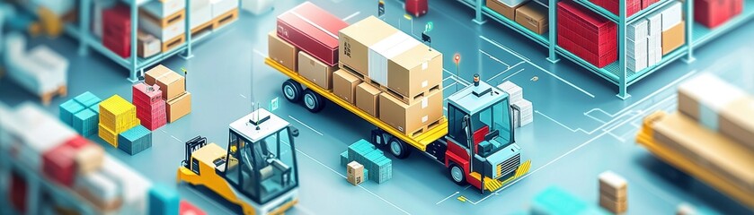 Fototapeta premium Colorful Illustration of Warehouse with Forklifts Moving Boxes in a Busy Logistics Environment