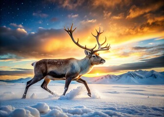 Naklejka premium Majestic Reindeer Running Through Snowy Landscape - Winter Wildlife Photography