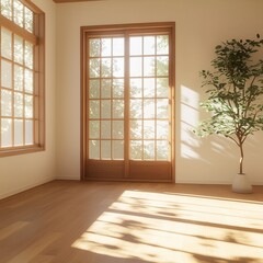Zen calligraphy art in a sunlit room peaceful ambiance minimalist design tranquil environment