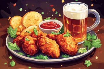 Stylish illustration card featuring fried chicken, beer, and vibrant sauces for a lively food design, HD phone wallpaper.