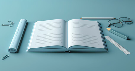 Open Book with Stationery on a Teal Background
