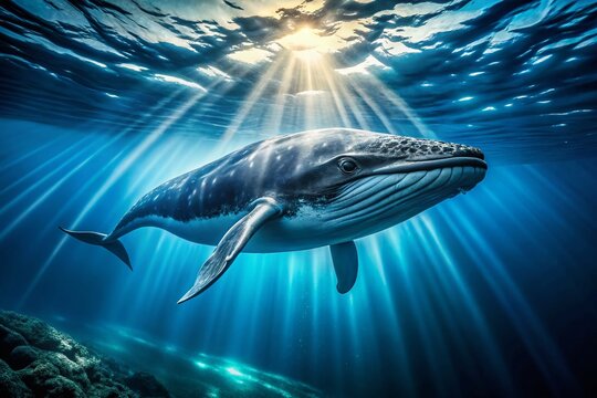 Majestic Rorqual Whale Underwater, Deep Ocean, High Resolution Stock Photo